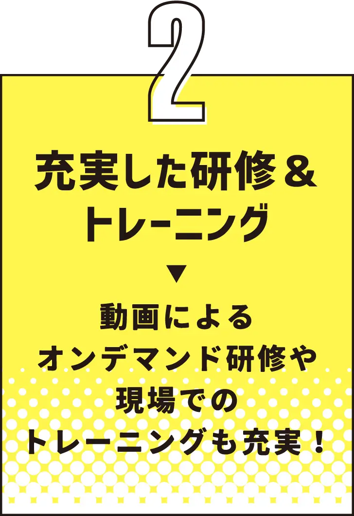 特徴２ 充実した研修＆トレーニング→動画によるオンデマンド研修や現場でのトレーニングも充実！